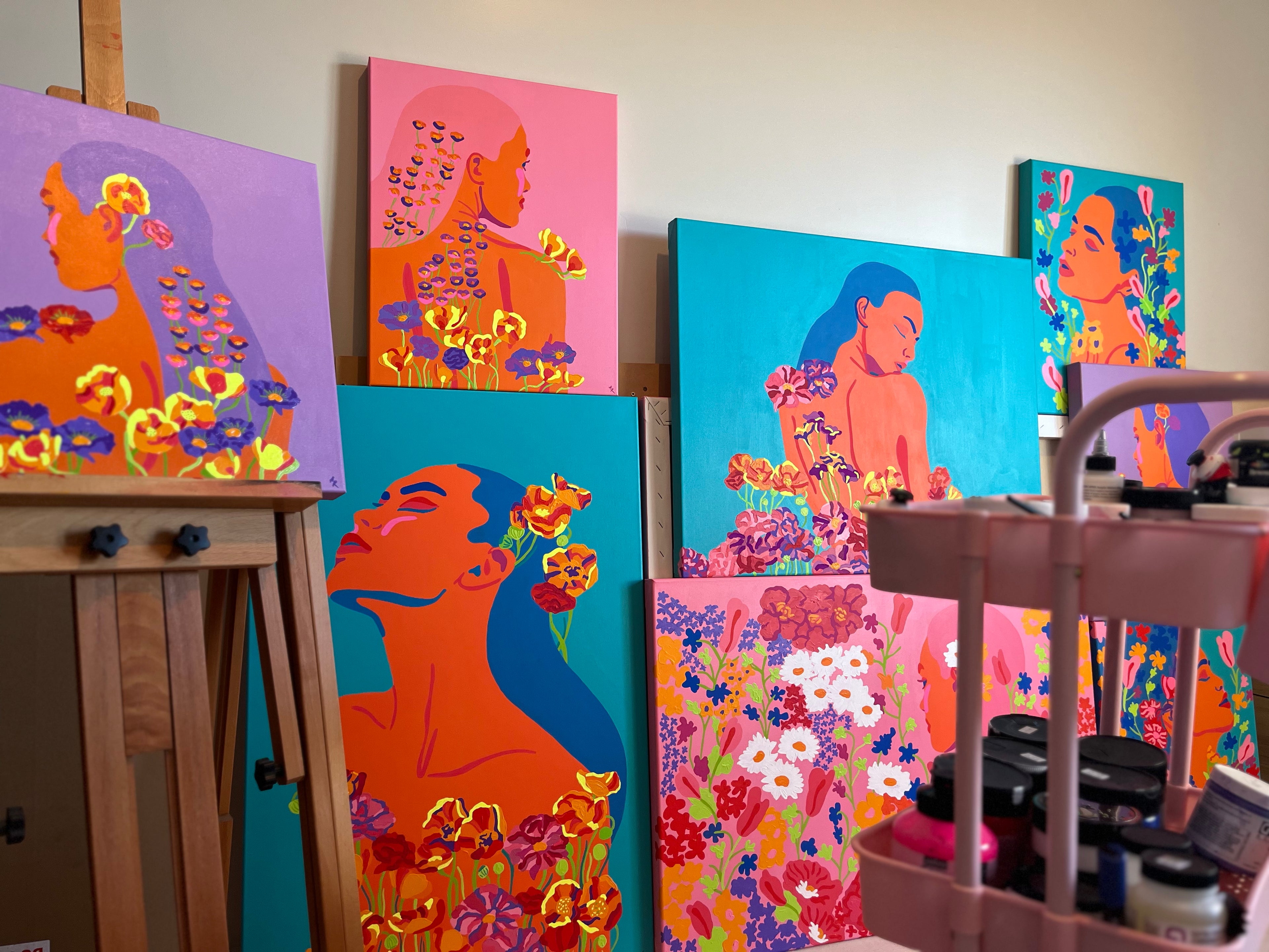 Agate Rubene artist studio. Pictured new abstract portrait with floral paintings for an upcoming show in Auckland, NZ